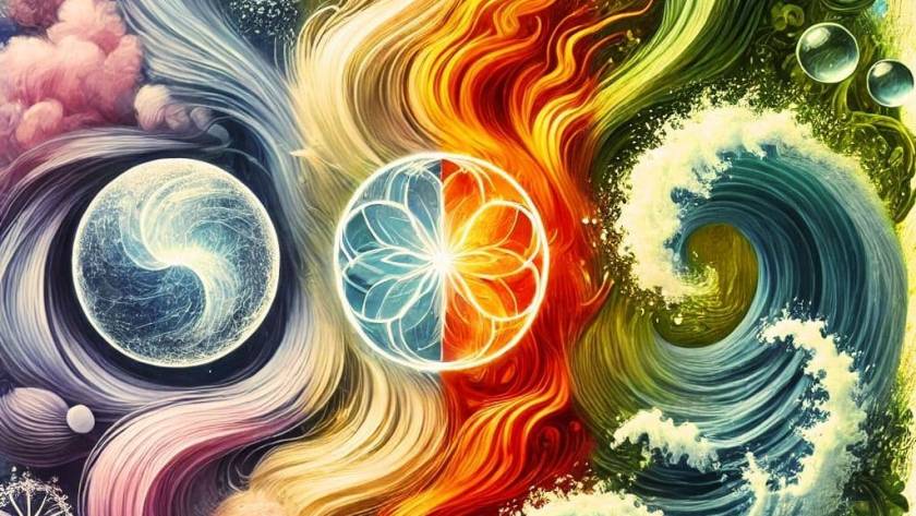 Illustration artistique représentant les trois doshas de l'Ayurveda : Vata symbolisé par l'air et l'espace, Pitta par le feu et l'eau, et Kapha par l'eau et la terre, chacun exprimant un équilibre énergétique unique.