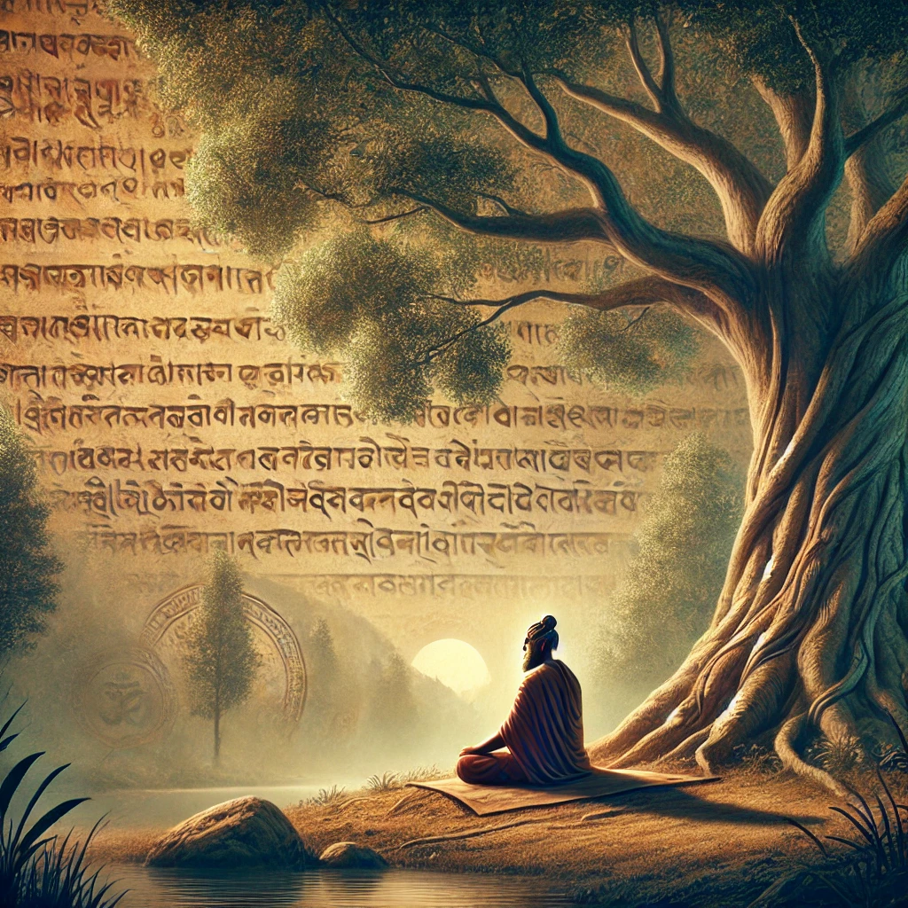 Illustration artistique d’un sage méditant sous un grand arbre, entouré d’inscriptions anciennes inspirées des Yoga Sutras.