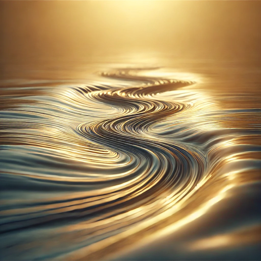 Image métaphorique d’une rivière dorée et fluide, représentant le mouvement harmonieux et continu du vinyasa yoga.
