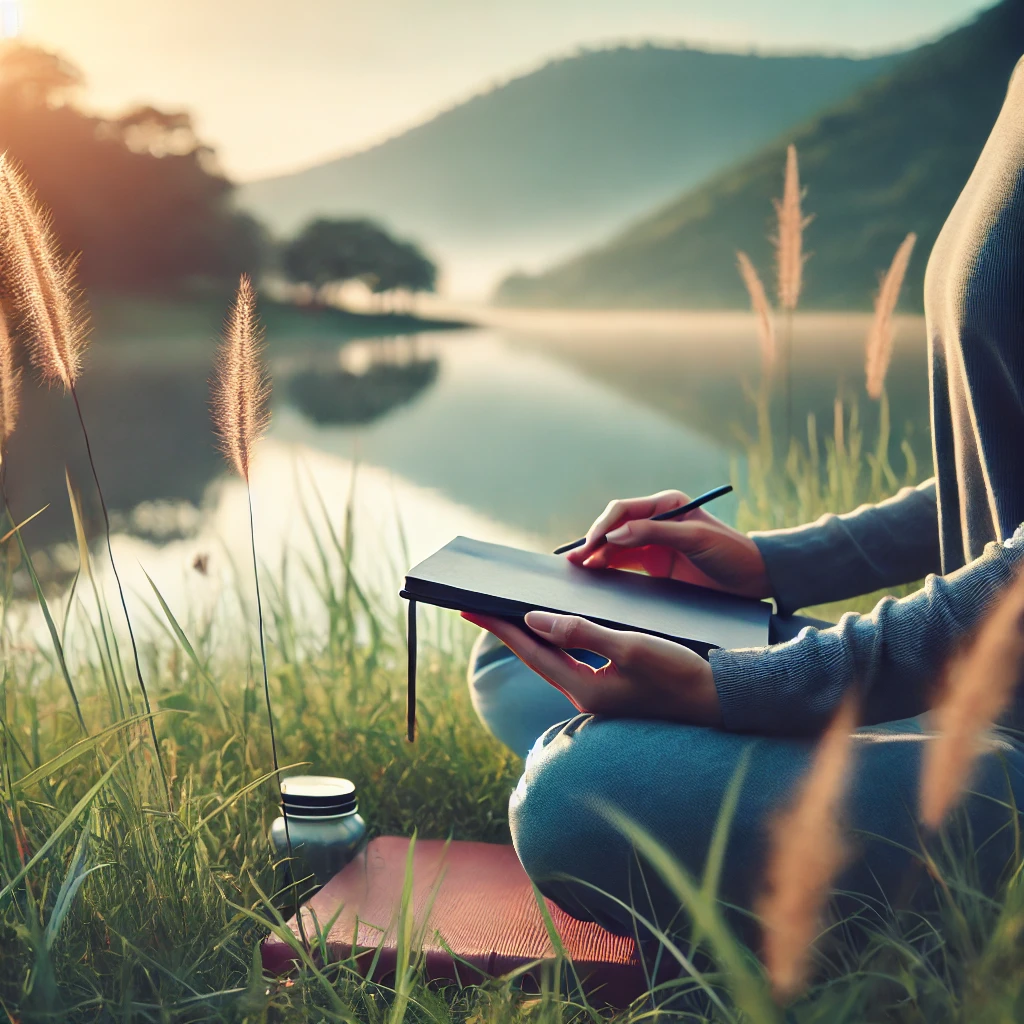Une personne assise en pleine nature, contemplative, tenant un carnet ouvert au bord d’un lac au lever du soleil.