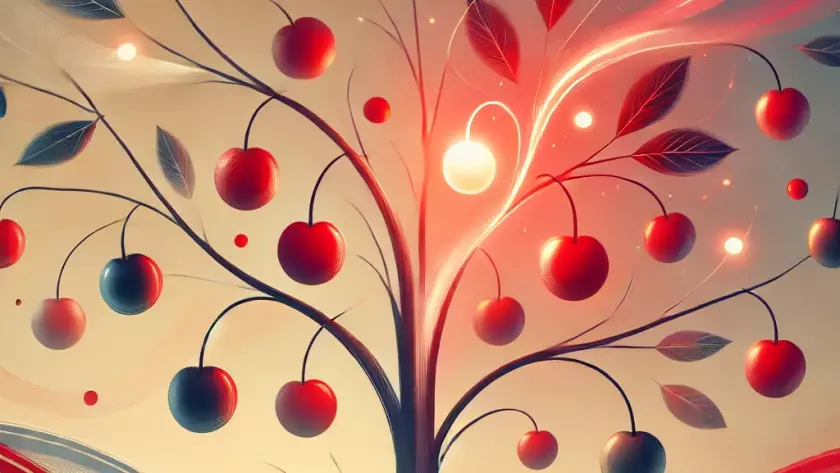 Représentation artistique d'un arbre avec des cerises lumineuses symbolisant l'attention sélective et des cerises estompées représentant les informations ignorées.