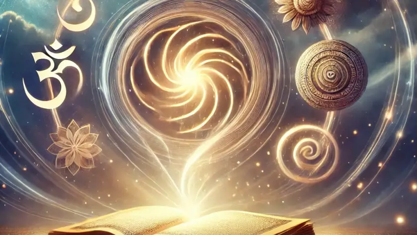 Illustration symbolique représentant la complémentarité des Yoga Sutras, de la Bhagavad Gita et des Upanishads : un livre ouvert lumineux au centre, entouré de spirales de sagesse et de symboles d’équilibre, d’action et d’unité, avec un fond cosmique apaisant.