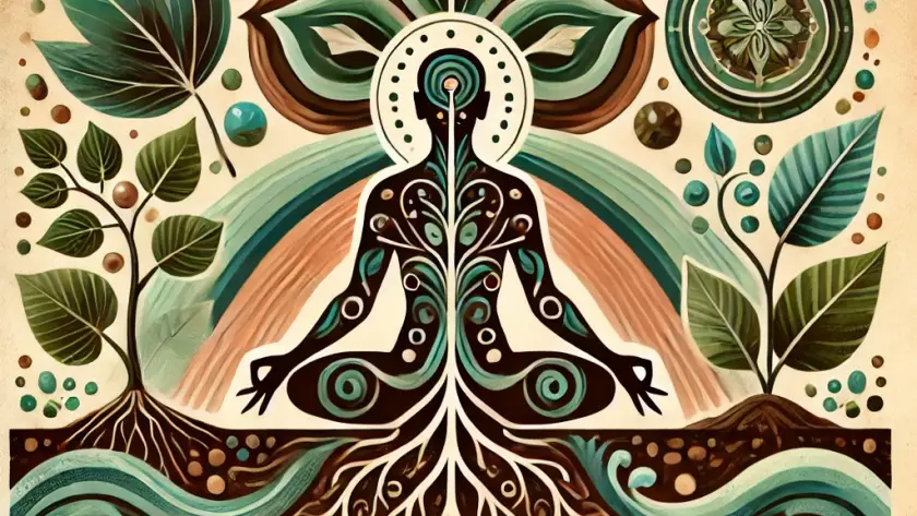 Illustration symbolique et artistique du dosha Kapha en Ayurveda, mettant en avant les éléments terre et eau avec une figure méditative enracinée, des motifs naturels et un équilibre paisible.